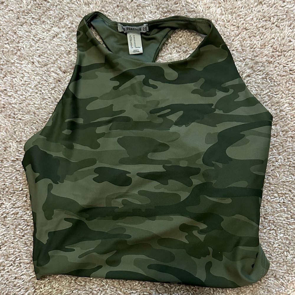 Camo halter crop top with built in bra